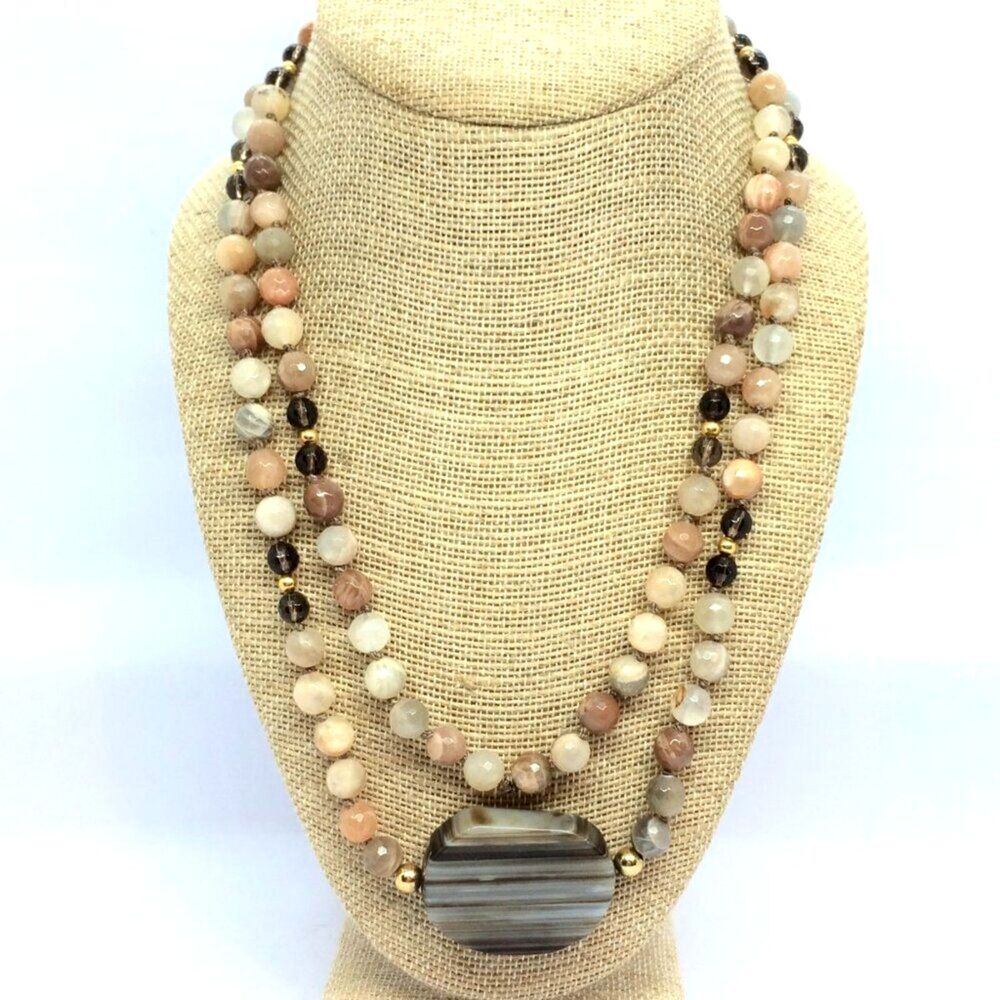BANDED AGATE NECKLACE Long 36" Gemstone Beads Statement Pendant Boho Neutral